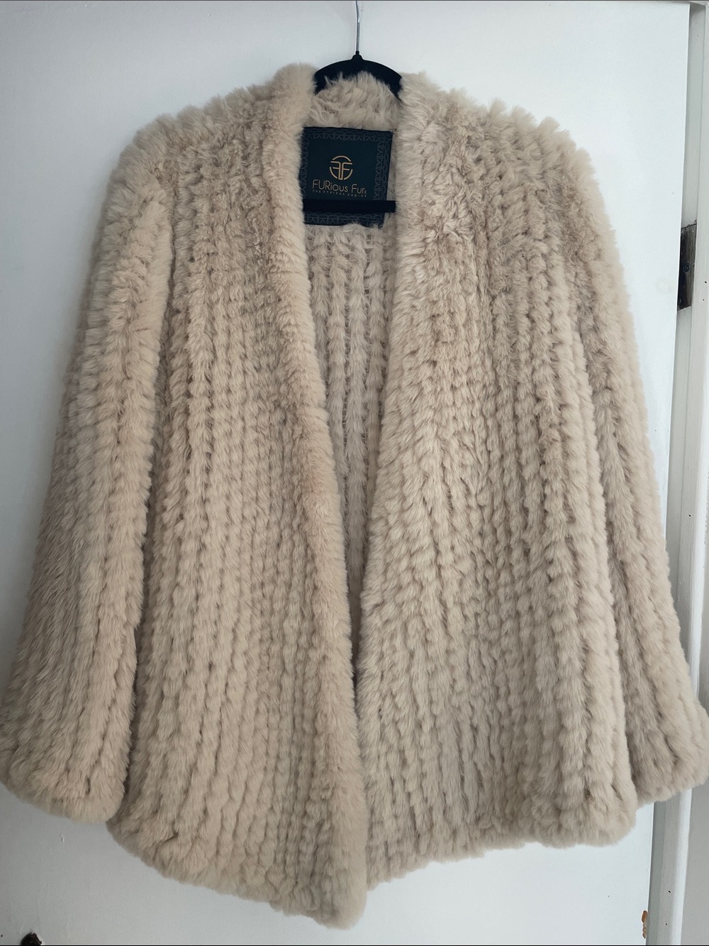 Furious Fur Luxury Faux Knit Fur Open Front Jacket Cream Oatmeal (likely medium)